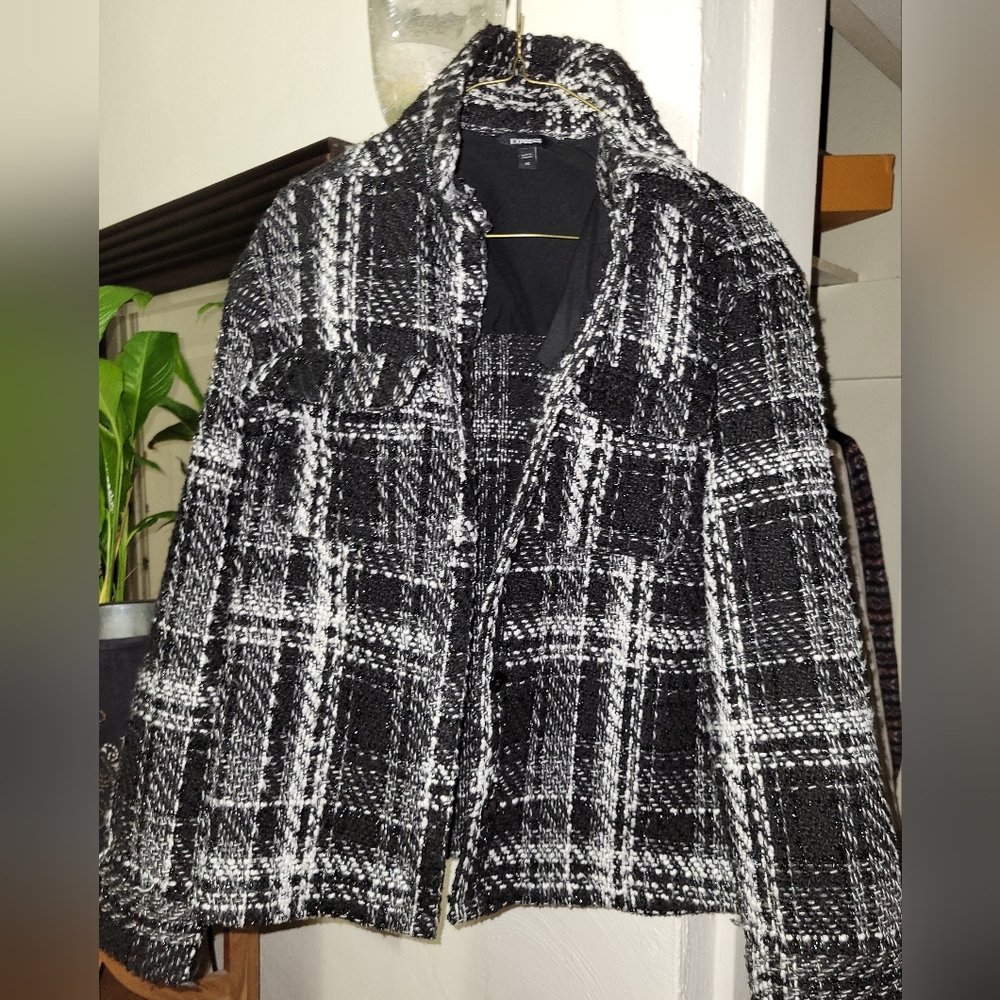 Express Oversized Tweed Jacket Silver Thread Blac… - image 1